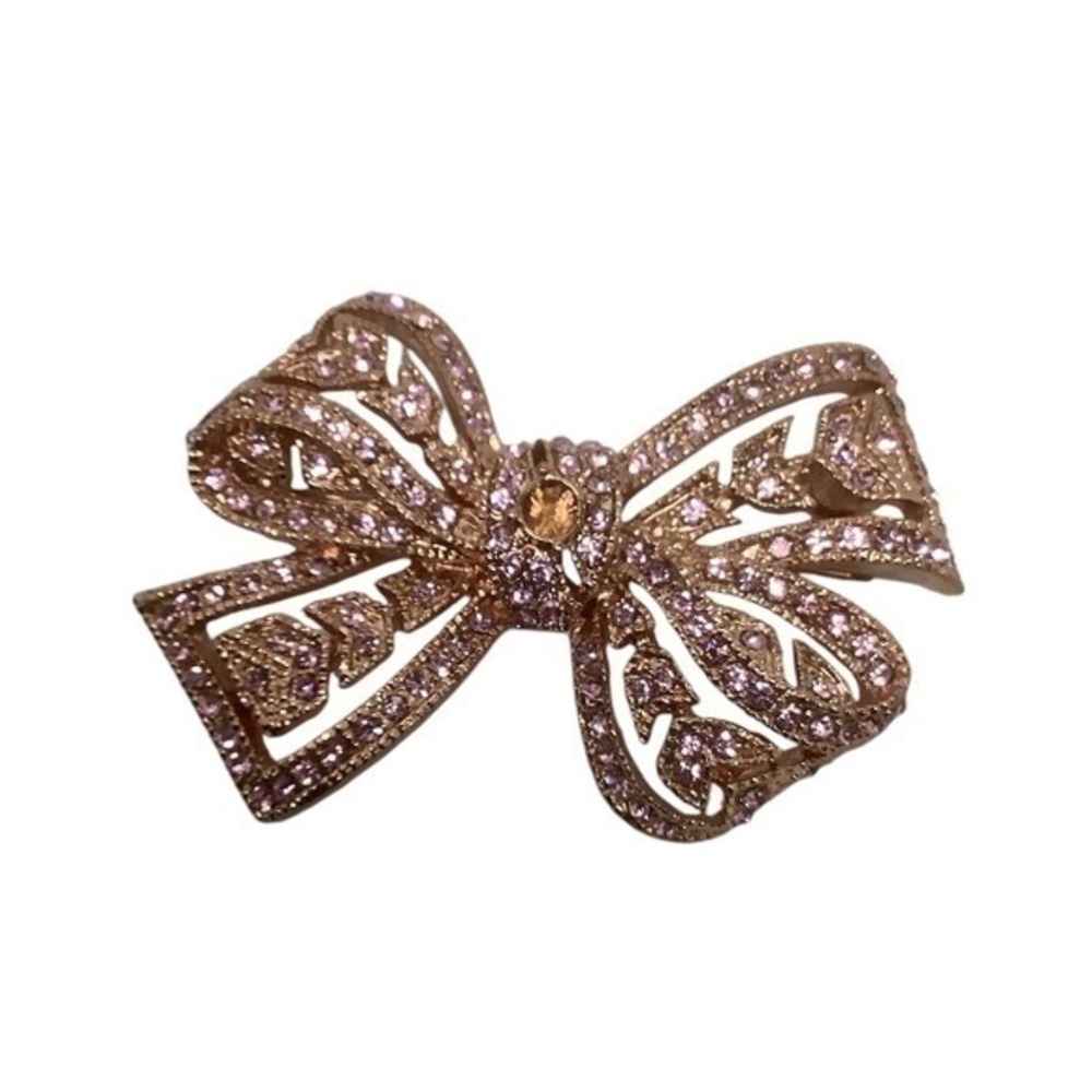 Large 2.5” gold tone crystal bow brooch